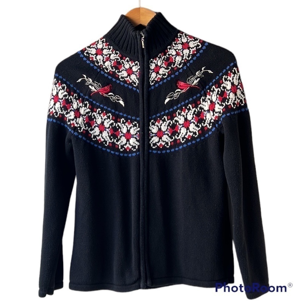 KNIT Navy Blue Corton Zip Front Appliqué Ribbed Sweater Size Small